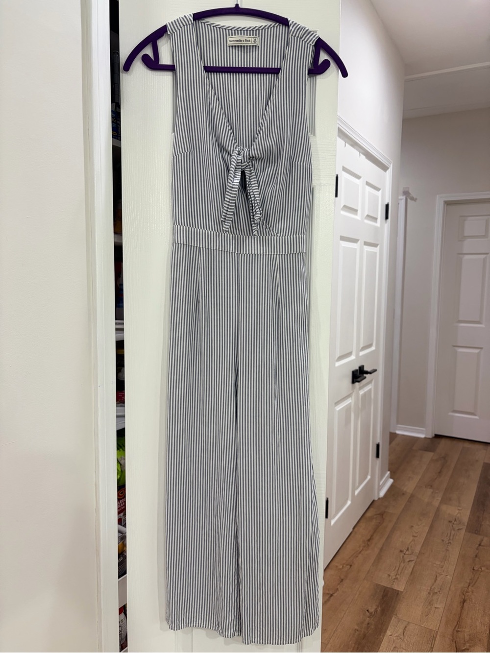 Abercrombie & Fitch Navy and White Striped Sleeveless Tie-Front Jumpsuit